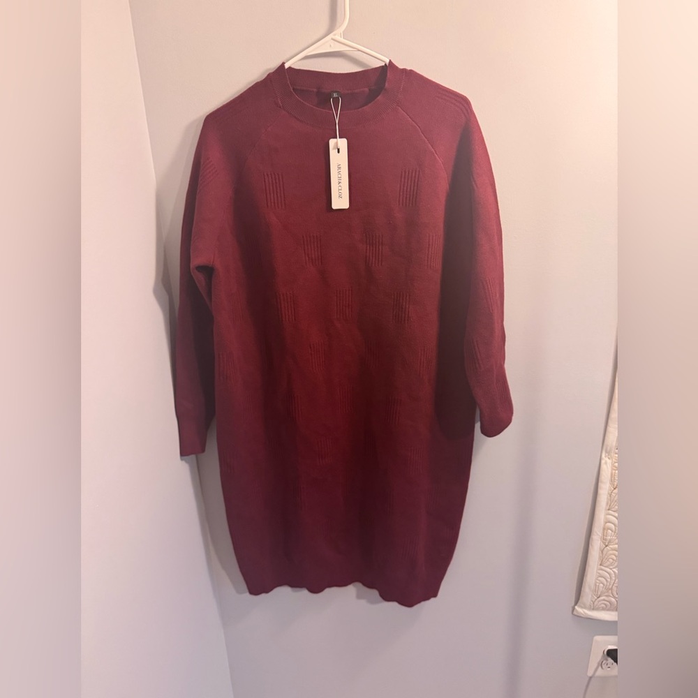 Red Dolman Sleeve Mock Neck Sweater Dress